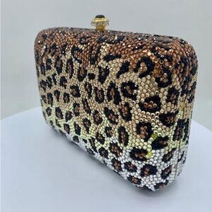 Katherine Bauman leopard Swarovski Crystal minaudiere evening bag
